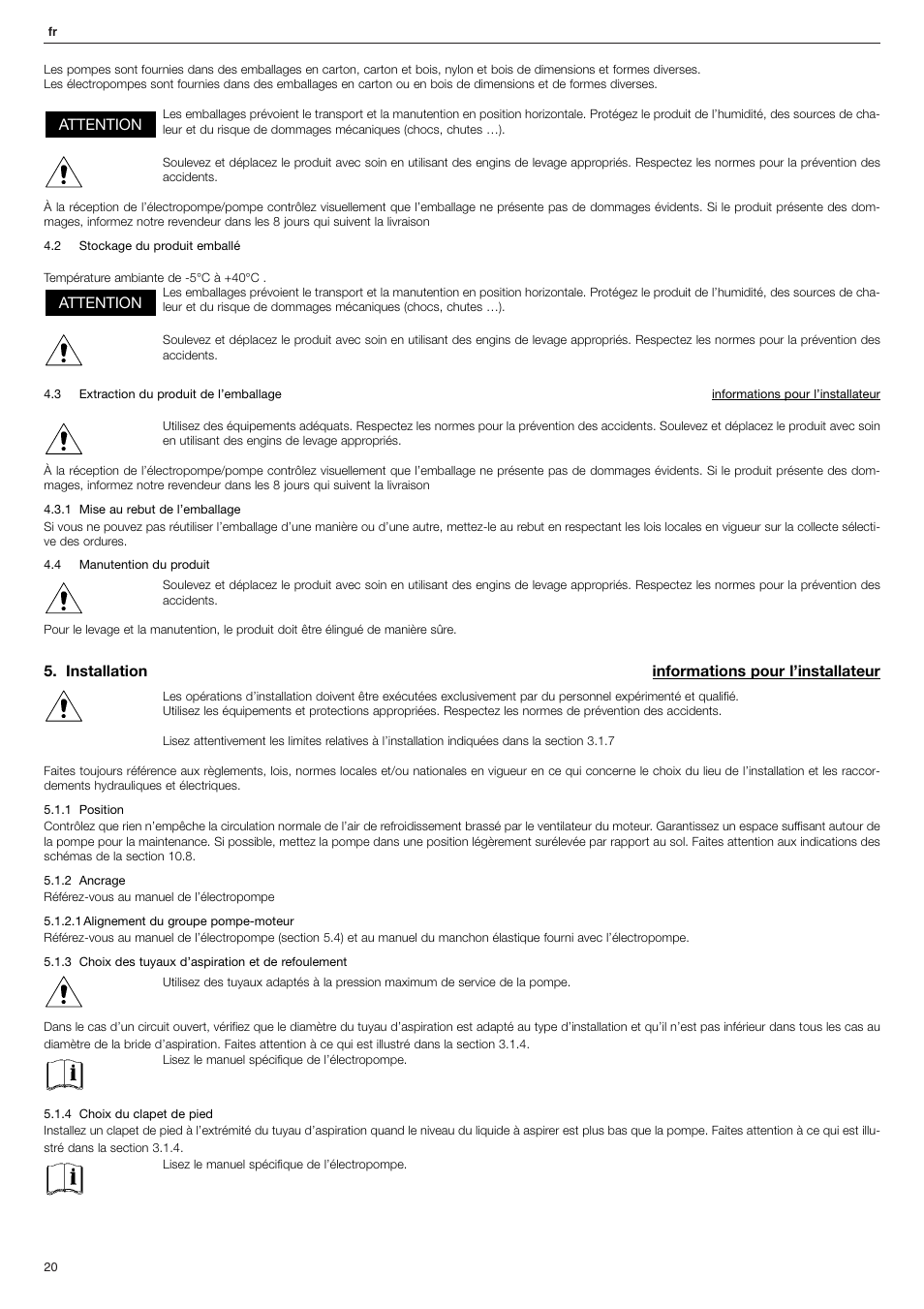 Installation informations pour l’installateur, Attention | Xylem FHF Atex3 SHF Atex3 User Manual | Page 20 / 56