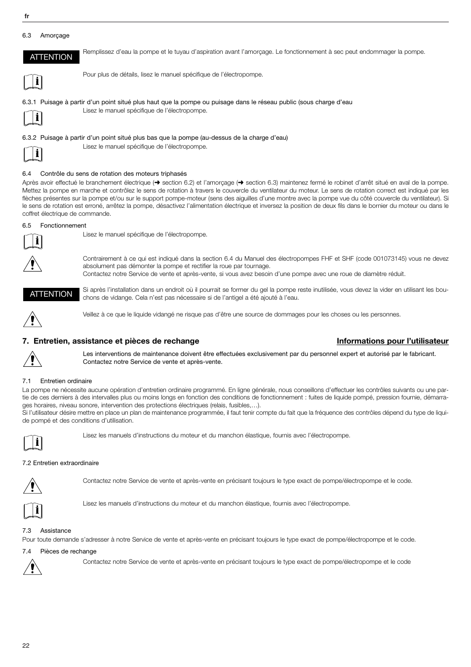 Attention | Xylem FHF Atex3 SHF Atex3 User Manual | Page 22 / 56
