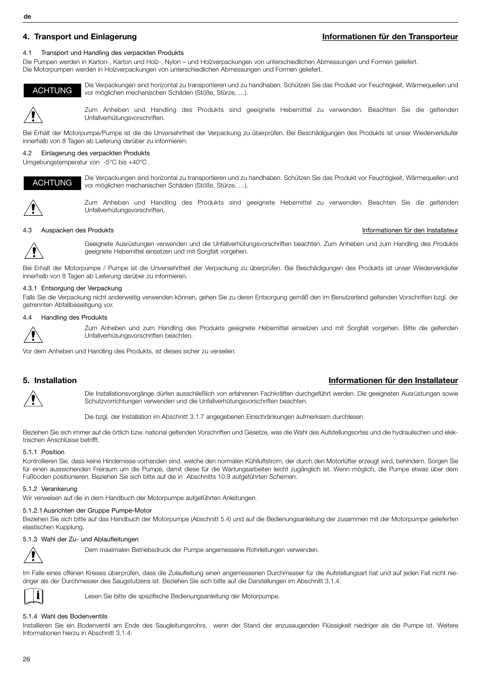 Installation informationen für den installateur, Achtung | Xylem FHF Atex3 SHF Atex3 User Manual | Page 26 / 56