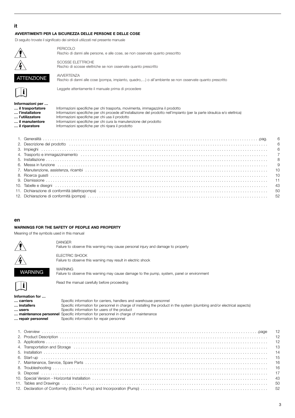 Attenzione warning | Xylem FHF Atex3 SHF Atex3 User Manual | Page 3 / 56