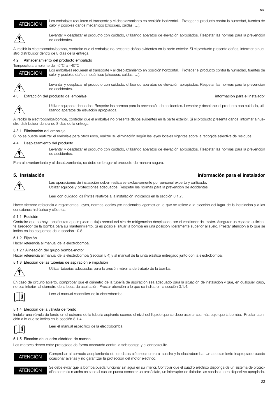 Instalación información para el instalador, Atención | Xylem FHF Atex3 SHF Atex3 User Manual | Page 33 / 56