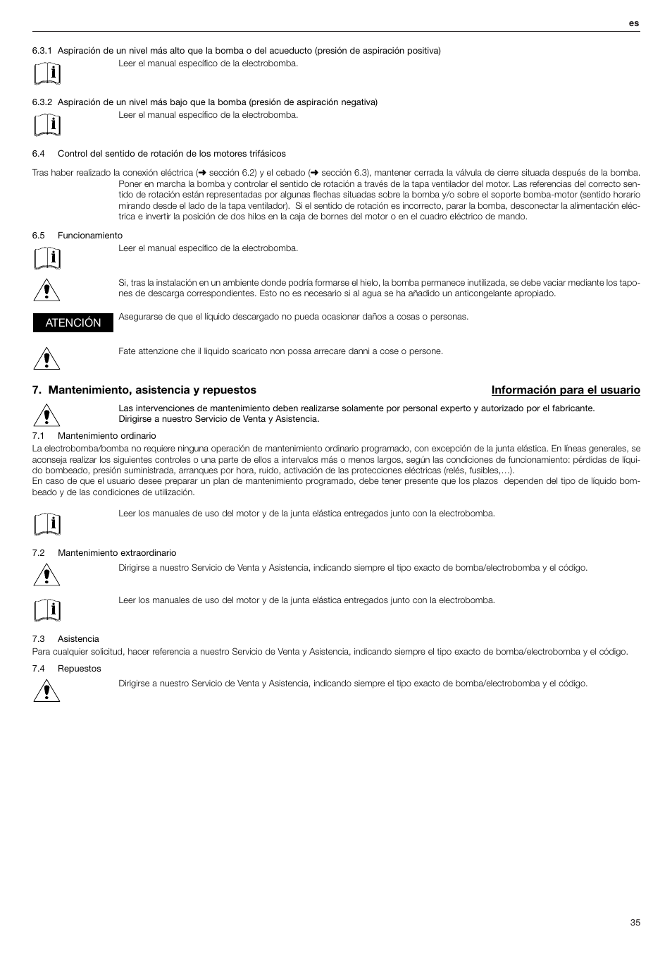 Atención | Xylem FHF Atex3 SHF Atex3 User Manual | Page 35 / 56