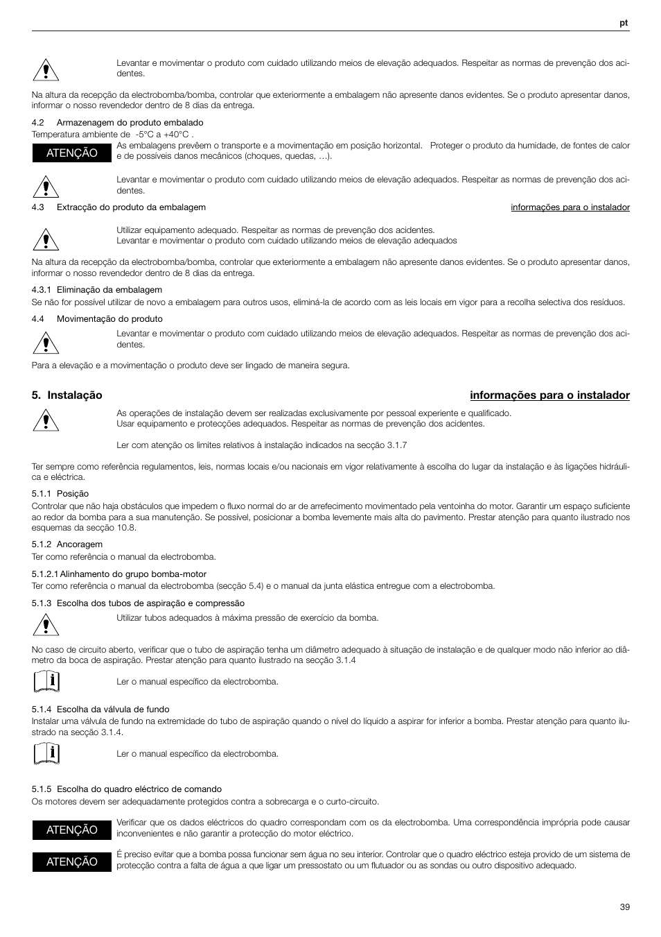 Instalação informações para o instalador, Atenção | Xylem FHF Atex3 SHF Atex3 User Manual | Page 39 / 56