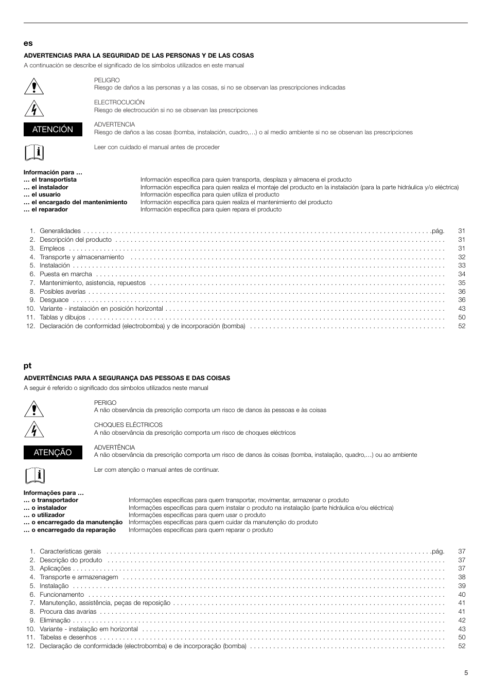 Atención atenção | Xylem FHF Atex3 SHF Atex3 User Manual | Page 5 / 56