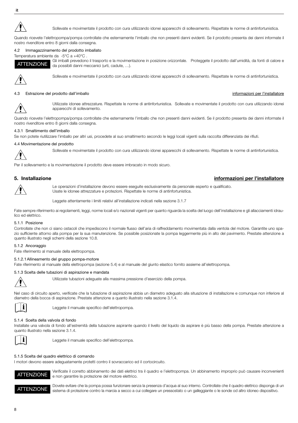 Installazione informazioni per l’installatore, Attenzione | Xylem FHF Atex3 SHF Atex3 User Manual | Page 8 / 56