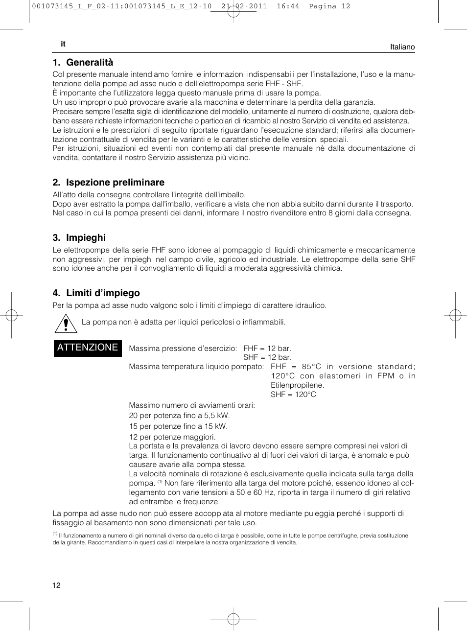 Generalità, Ispezione preliminare, Impieghi | Limiti dʼimpiego, Attenzione | Xylem FHF SHF User Manual | Page 12 / 100