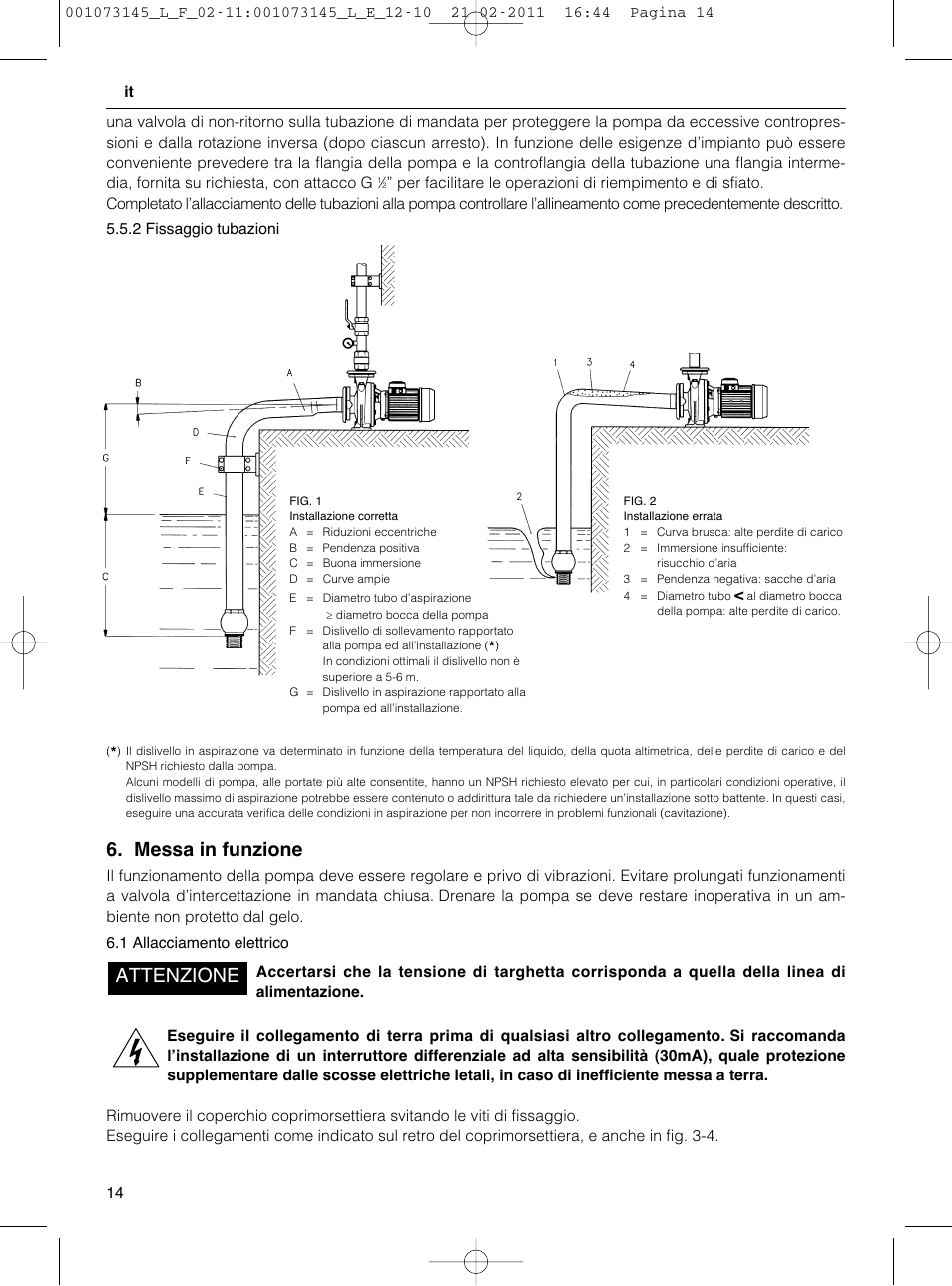 Messa in funzione, Attenzione | Xylem FHF SHF User Manual | Page 14 / 100