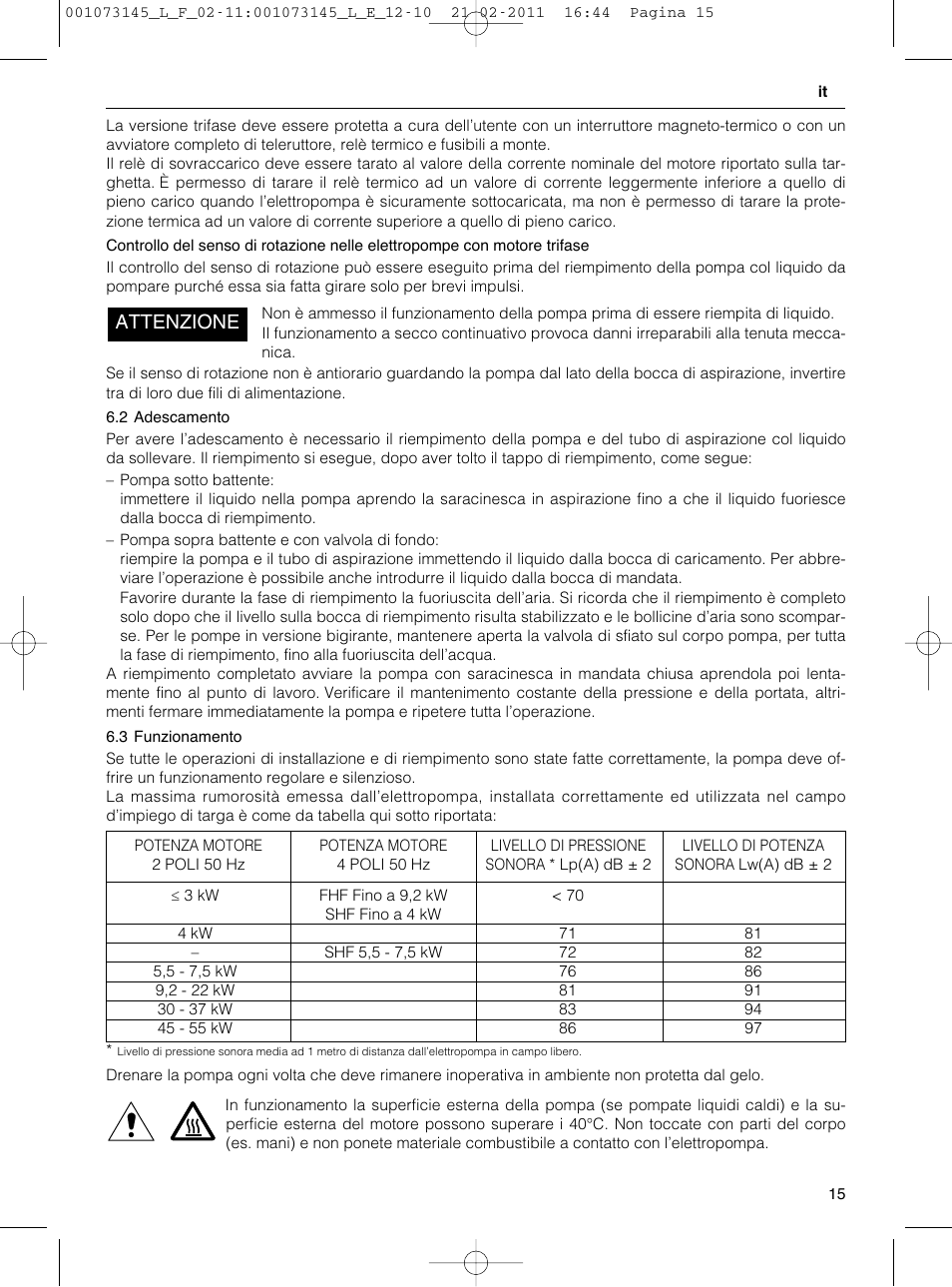 Attenzione | Xylem FHF SHF User Manual | Page 15 / 100
