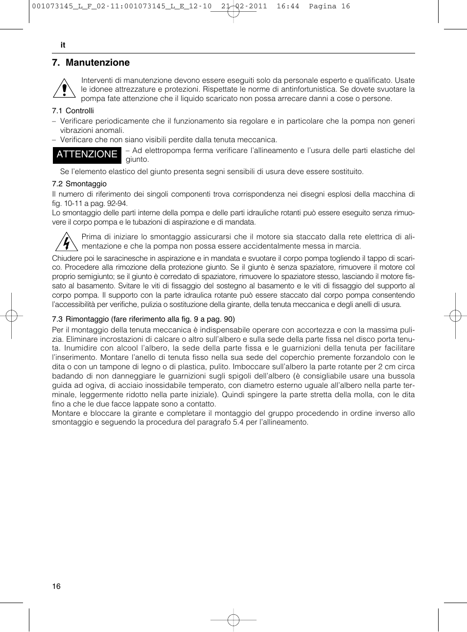Manutenzione, Attenzione | Xylem FHF SHF User Manual | Page 16 / 100