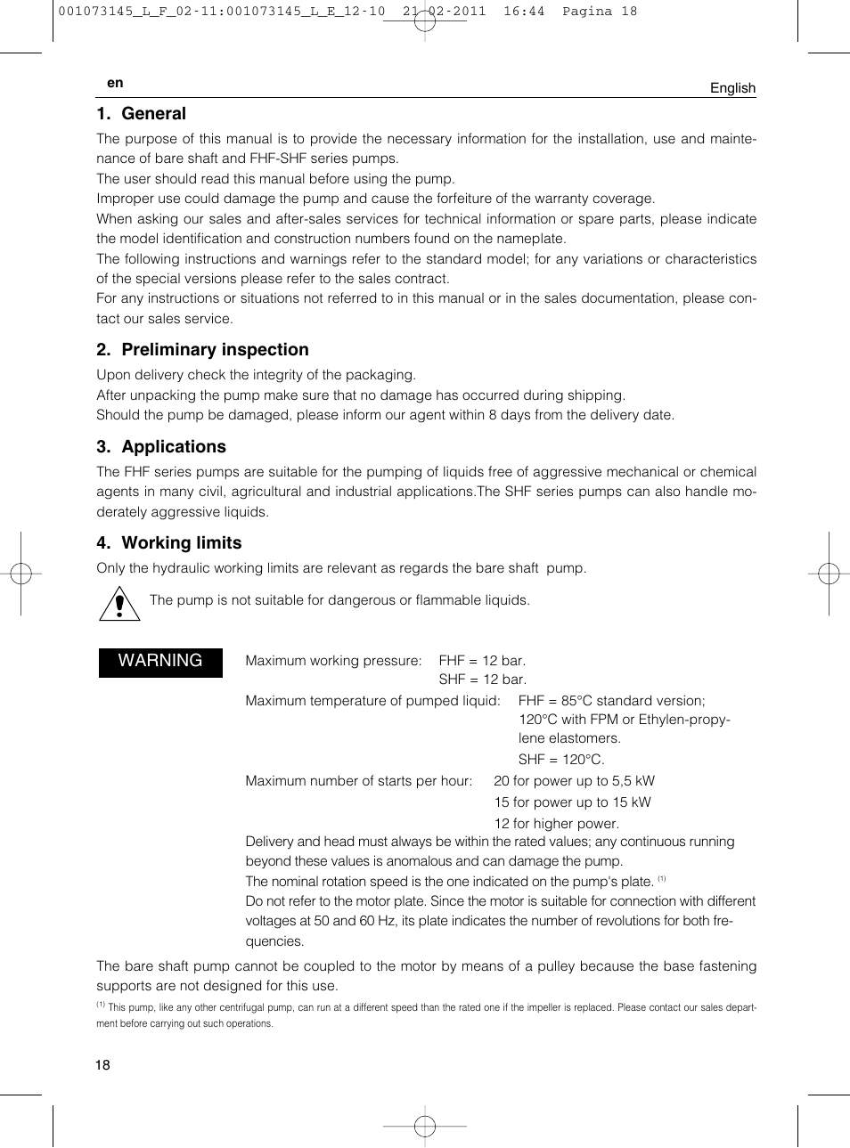 General, Preliminary inspection, Applications | Working limits, Warning | Xylem FHF SHF User Manual | Page 18 / 100