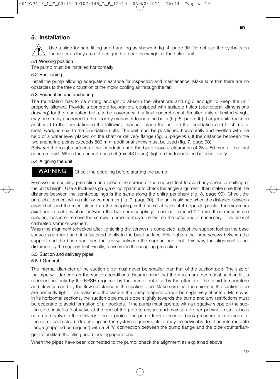 Installation, Warning | Xylem FHF SHF User Manual | Page 19 / 100