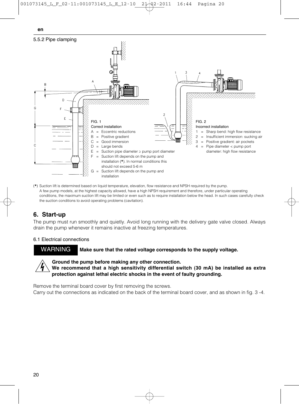 Start-up, Warning | Xylem FHF SHF User Manual | Page 20 / 100