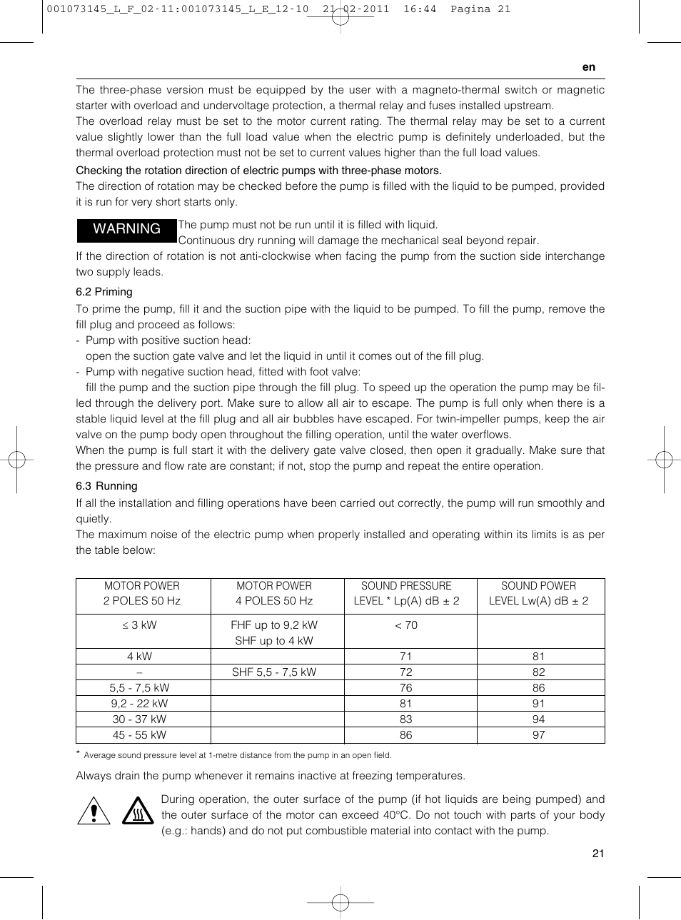 Warning | Xylem FHF SHF User Manual | Page 21 / 100