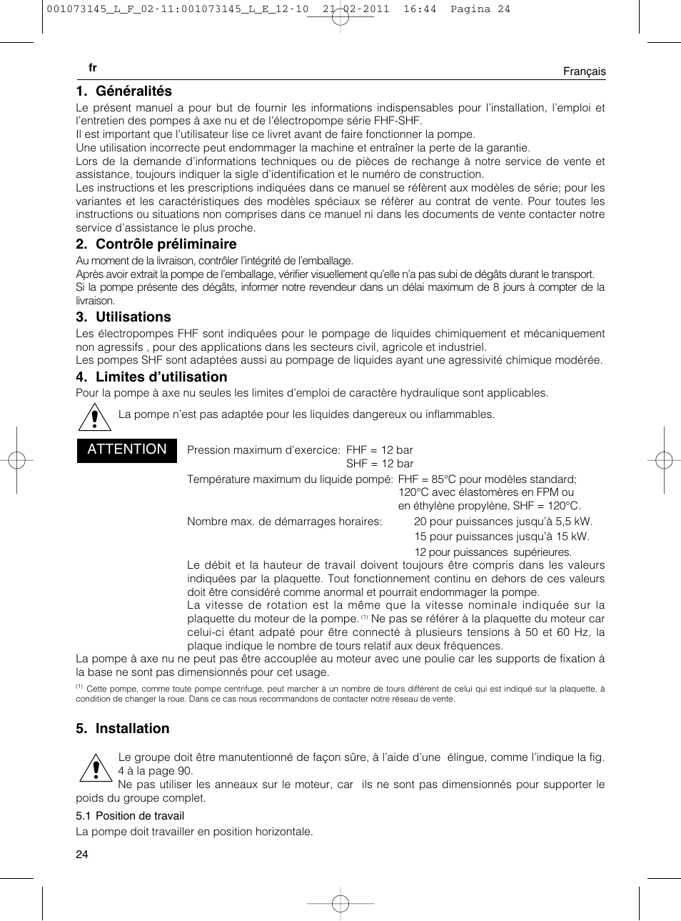 Généralités, Contrôle préliminaire, Utilisations | Limites dʼutilisation, Installation, Attention | Xylem FHF SHF User Manual | Page 24 / 100