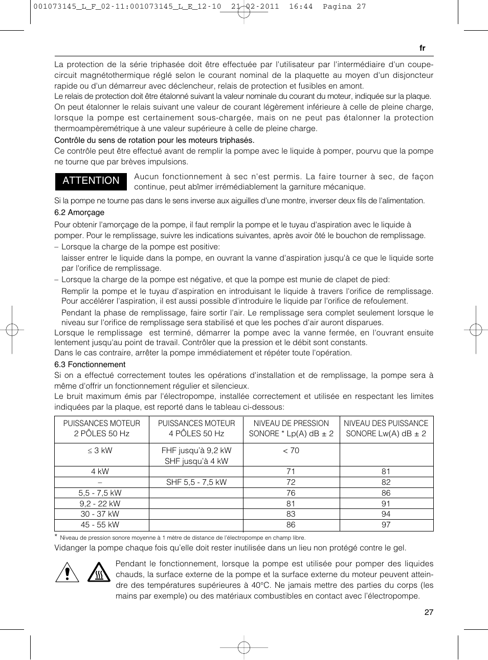 Attention | Xylem FHF SHF User Manual | Page 27 / 100