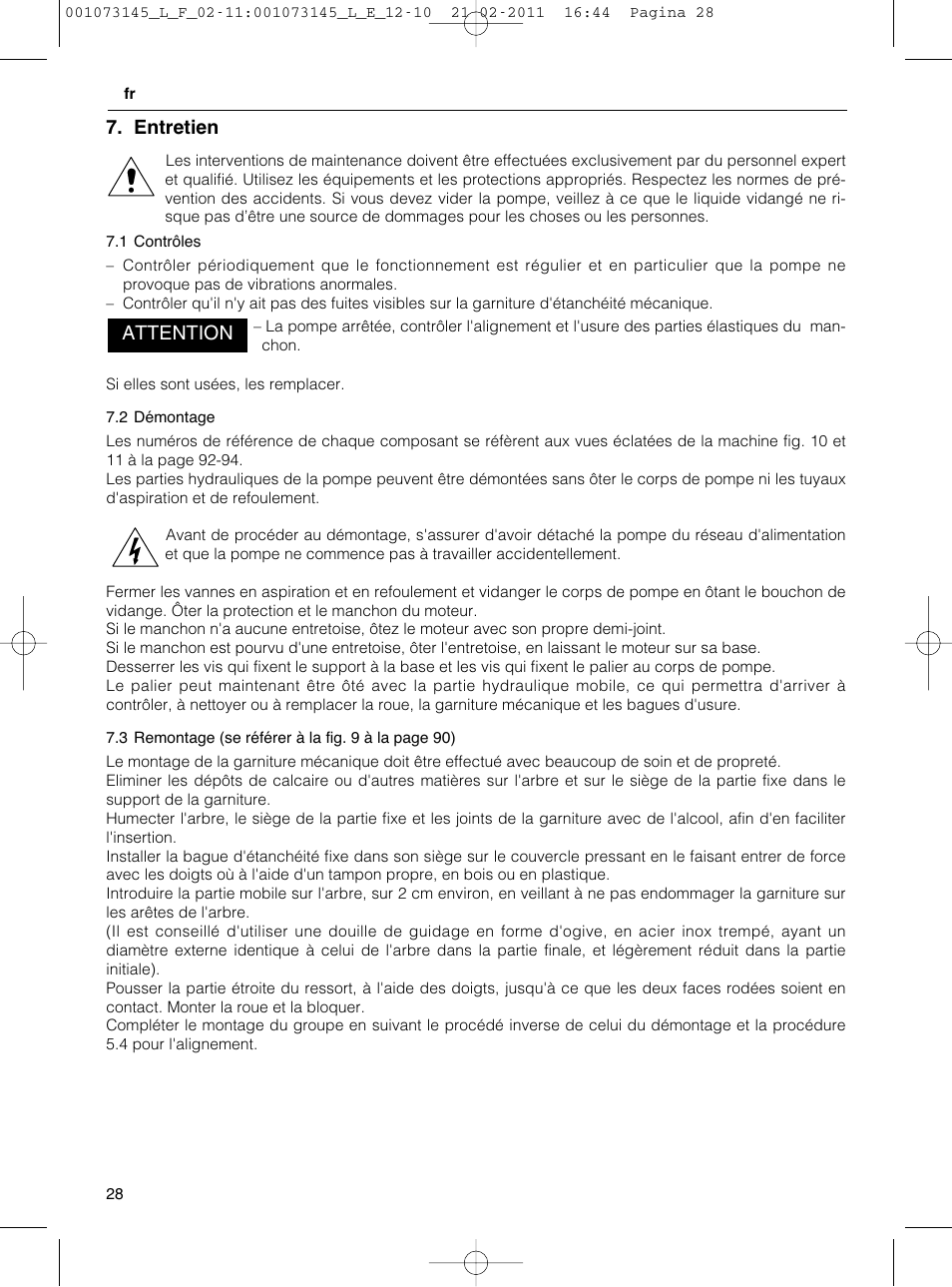 Entretien, Attention | Xylem FHF SHF User Manual | Page 28 / 100
