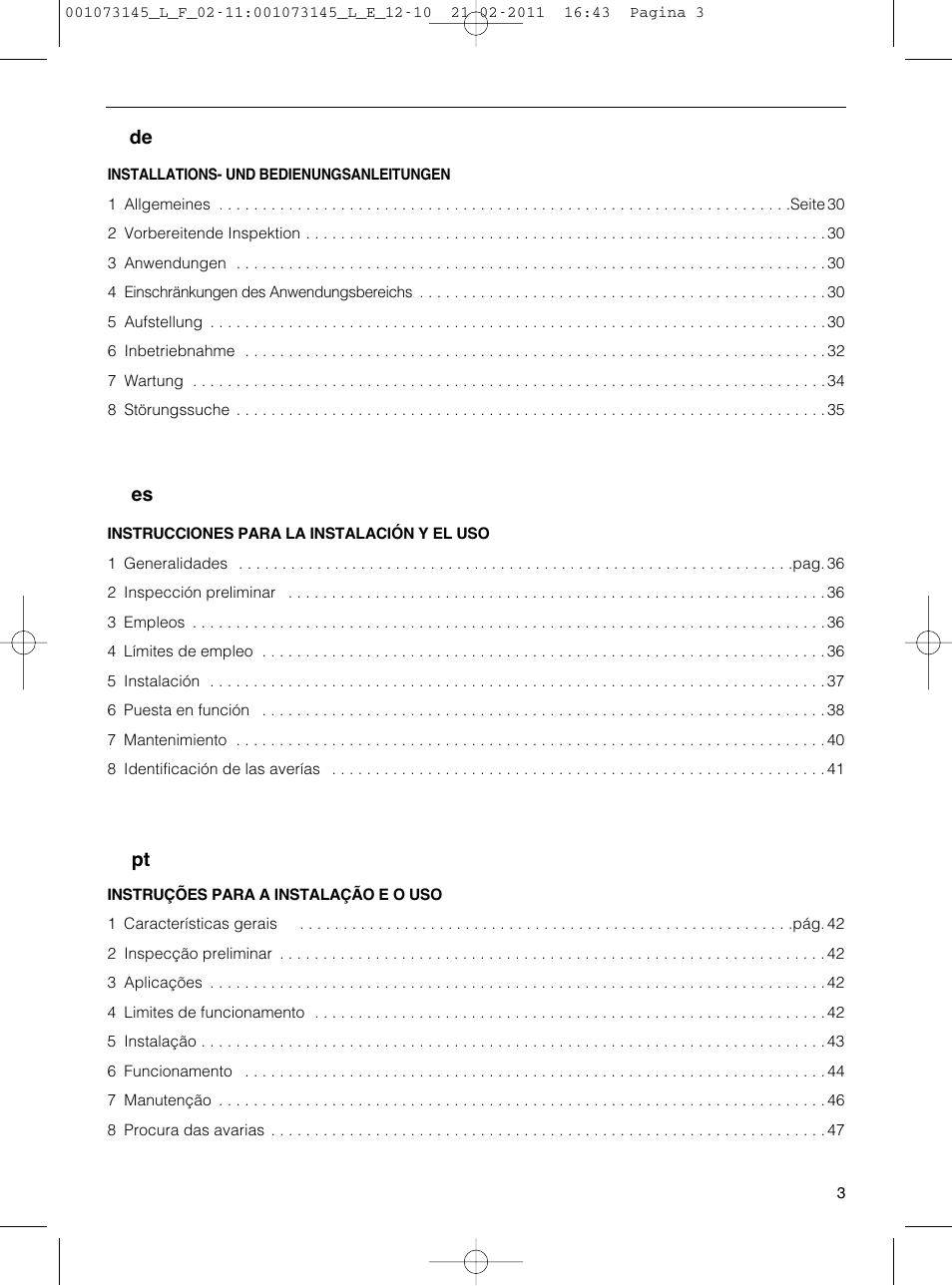 Pt es de | Xylem FHF SHF User Manual | Page 3 / 100