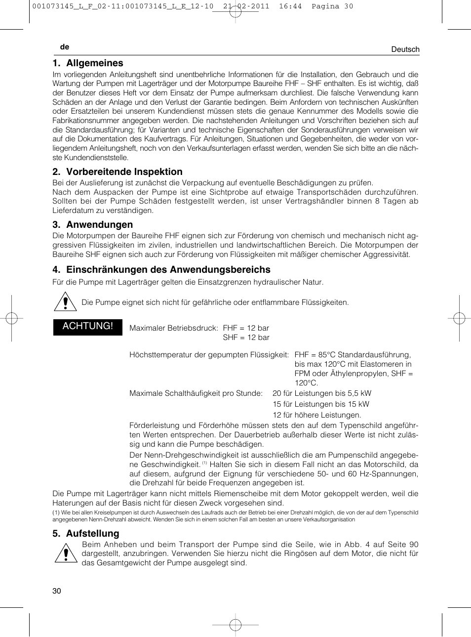 Allgemeines, Vorbereitende inspektion, Anwendungen | Einschränkungen des anwendungsbereichs, Aufstellung, Achtung | Xylem FHF SHF User Manual | Page 30 / 100