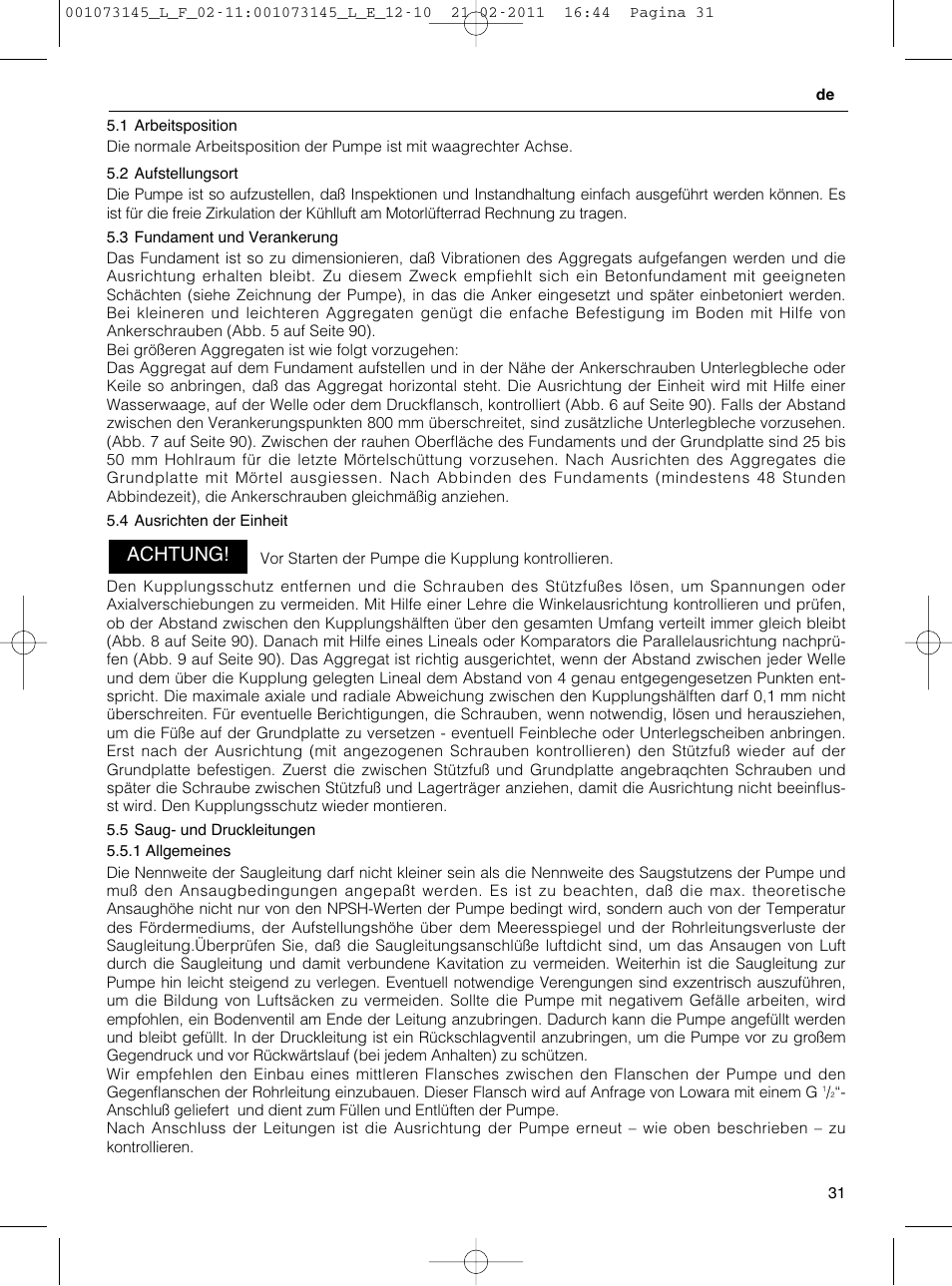 Achtung | Xylem FHF SHF User Manual | Page 31 / 100