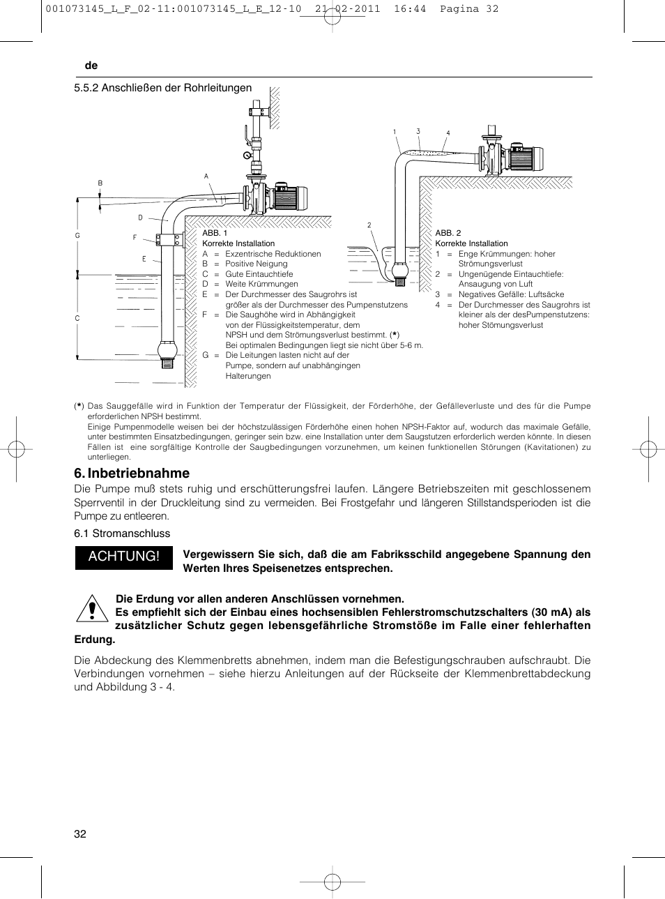 Inbetriebnahme, Achtung | Xylem FHF SHF User Manual | Page 32 / 100