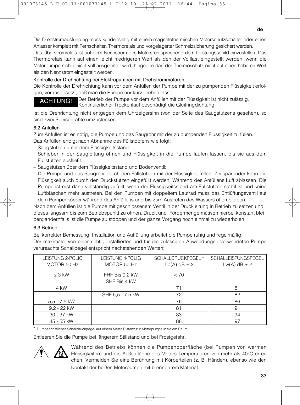 Achtung | Xylem FHF SHF User Manual | Page 33 / 100