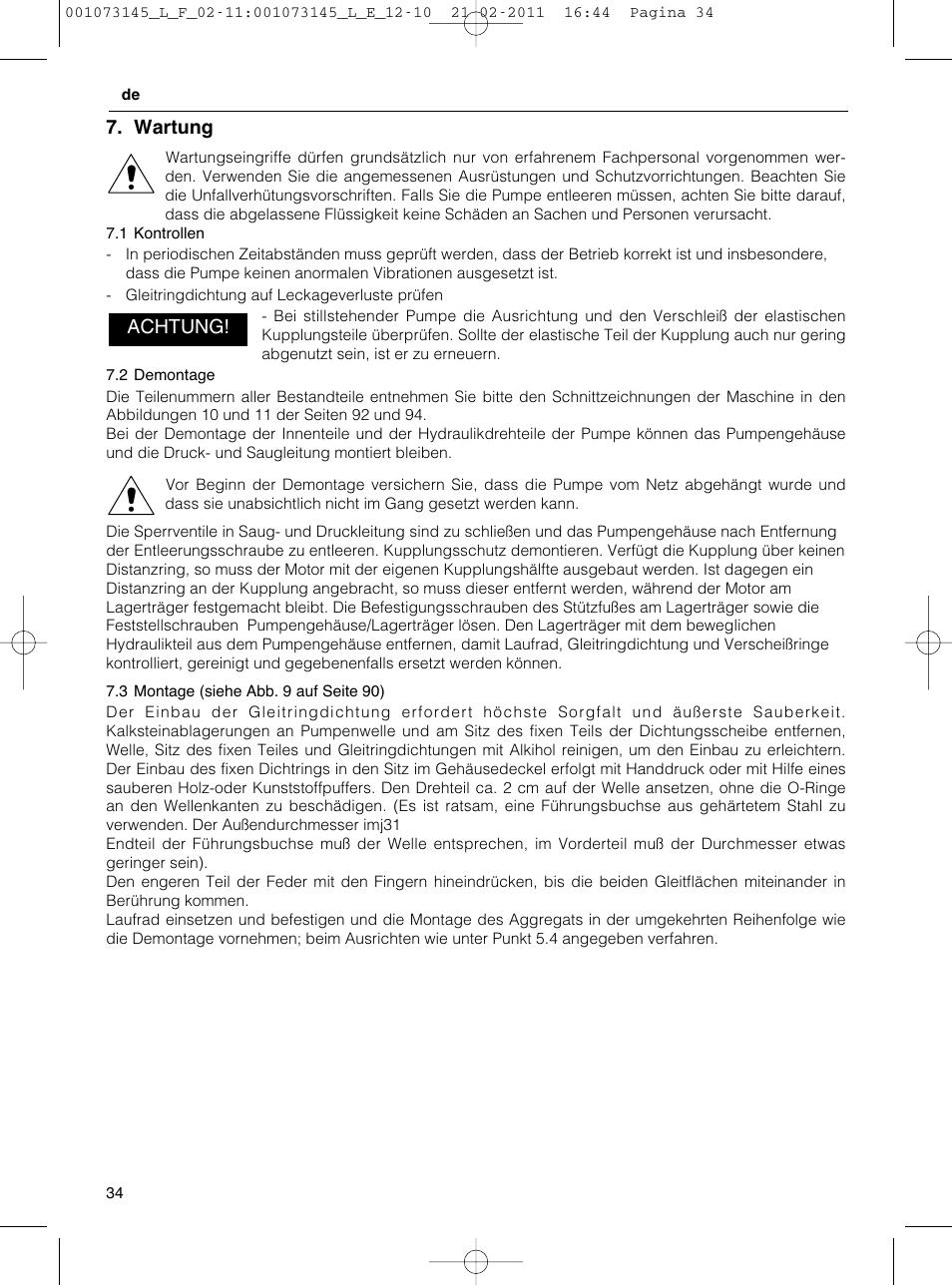 Wartung, Achtung | Xylem FHF SHF User Manual | Page 34 / 100