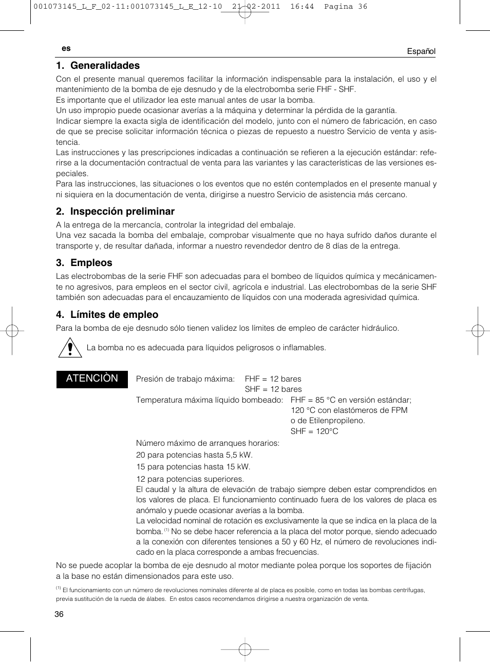 Generalidades, Inspección preliminar, Empleos | Límites de empleo, Atenciòn | Xylem FHF SHF User Manual | Page 36 / 100