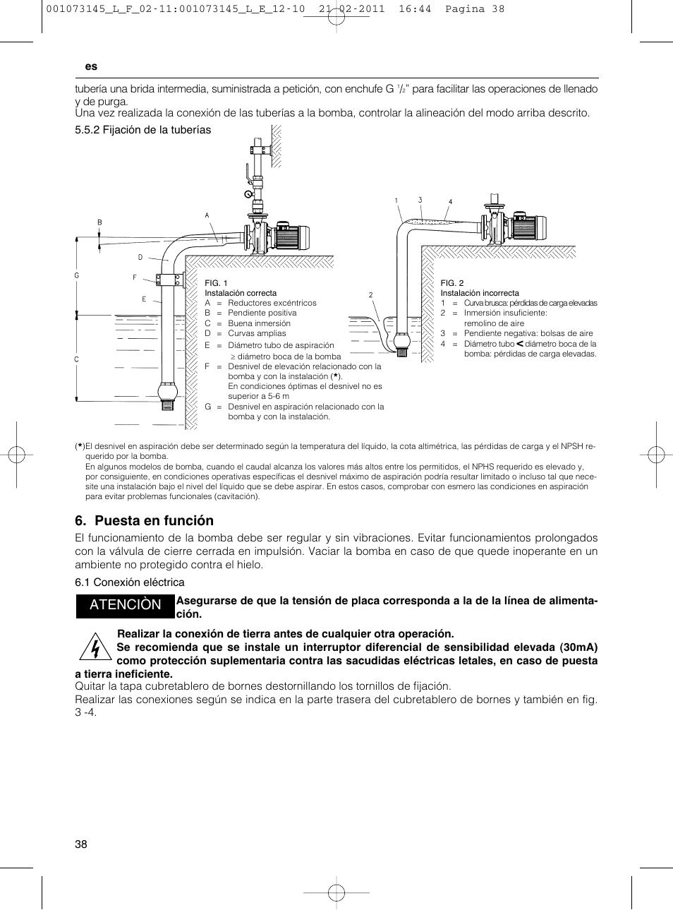 Puesta en función, Atenciòn | Xylem FHF SHF User Manual | Page 38 / 100