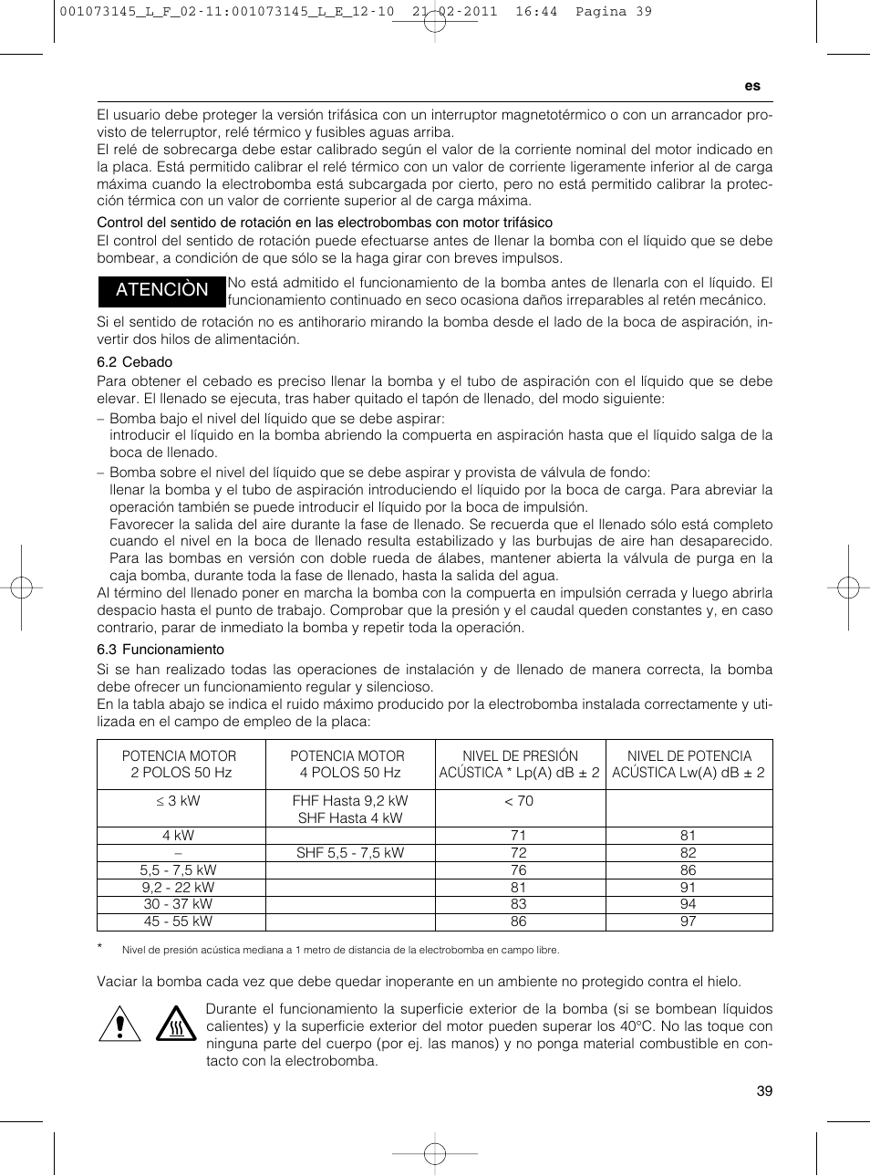 Atenciòn | Xylem FHF SHF User Manual | Page 39 / 100