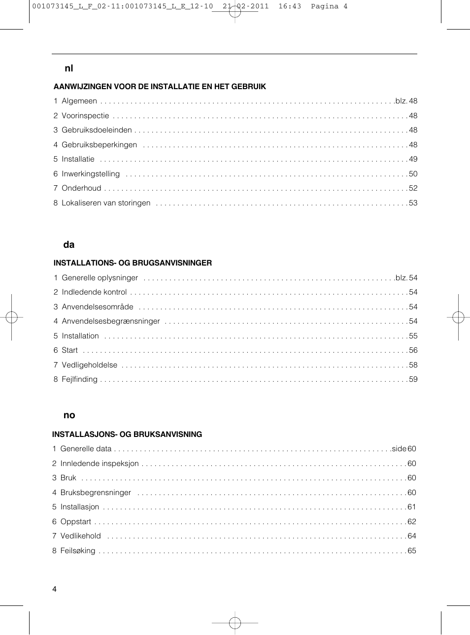 No da nl | Xylem FHF SHF User Manual | Page 4 / 100