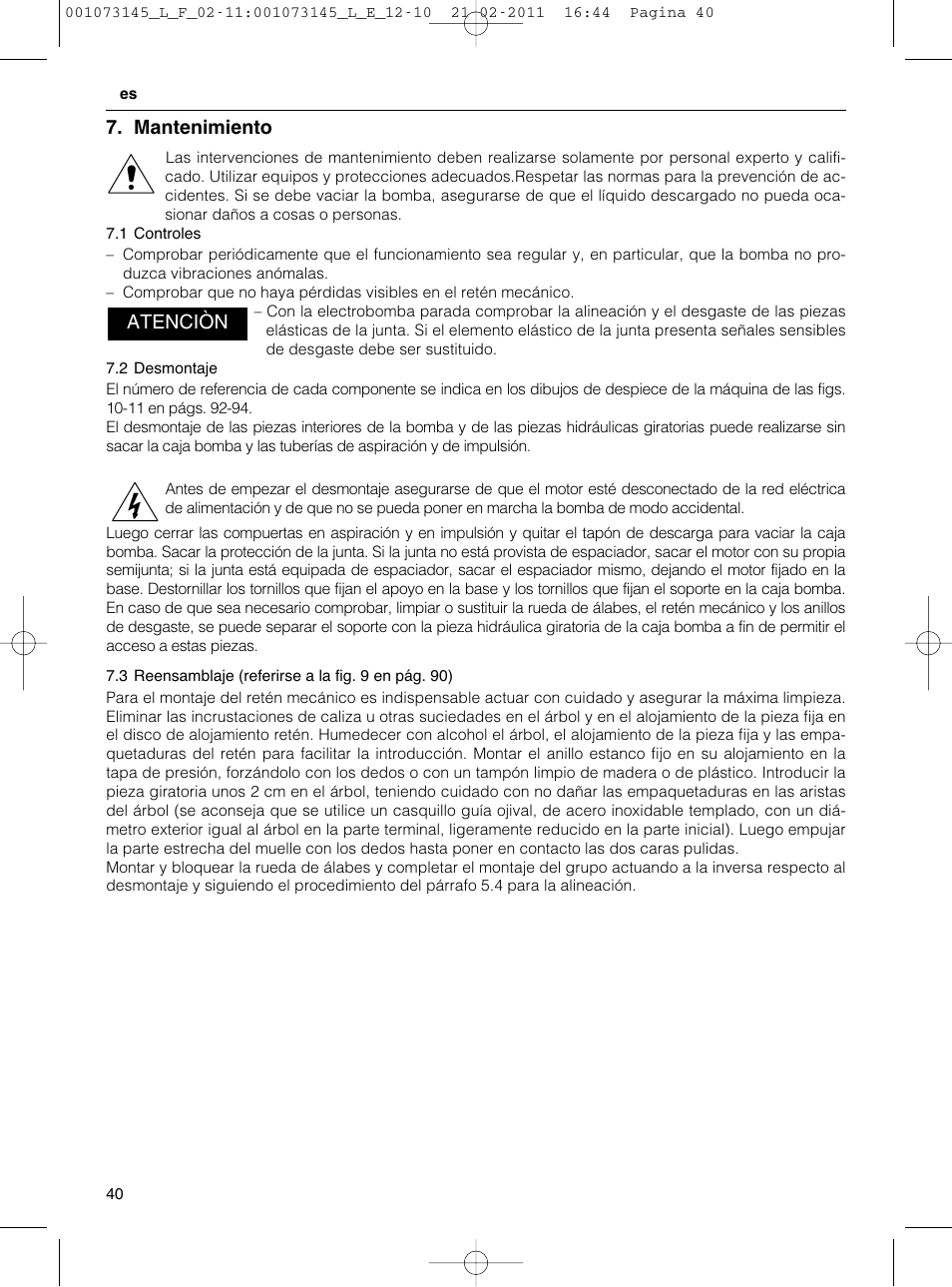 Mantenimiento, Atenciòn | Xylem FHF SHF User Manual | Page 40 / 100