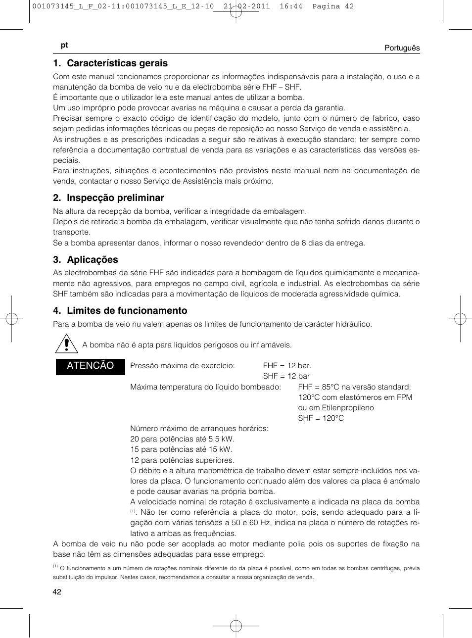 Características gerais, Inspecção preliminar, Aplicações | Limites de funcionamento, Atencão | Xylem FHF SHF User Manual | Page 42 / 100