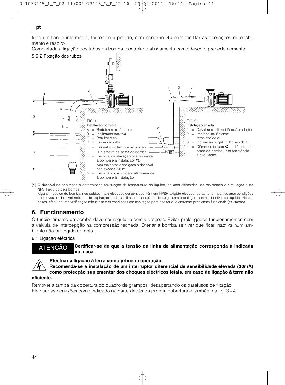 Funcionamento, Atencão | Xylem FHF SHF User Manual | Page 44 / 100