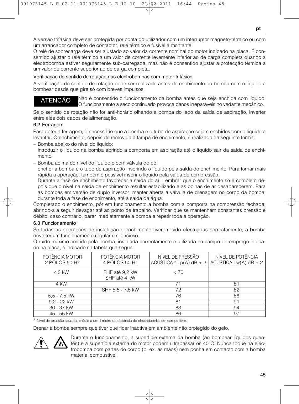 Atencão | Xylem FHF SHF User Manual | Page 45 / 100