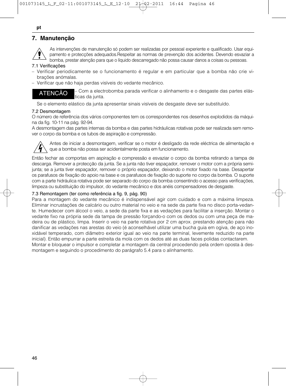 Manutenção, Atencão | Xylem FHF SHF User Manual | Page 46 / 100