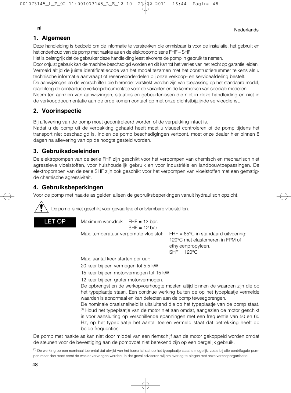 Algemeen, Voorinspectie, Gebruiksdoeleinden | Gebruiksbeperkingen, Let op | Xylem FHF SHF User Manual | Page 48 / 100