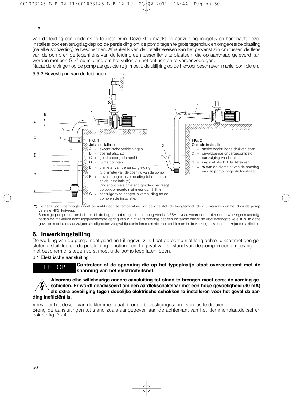 Inwerkingstelling, Let op | Xylem FHF SHF User Manual | Page 50 / 100