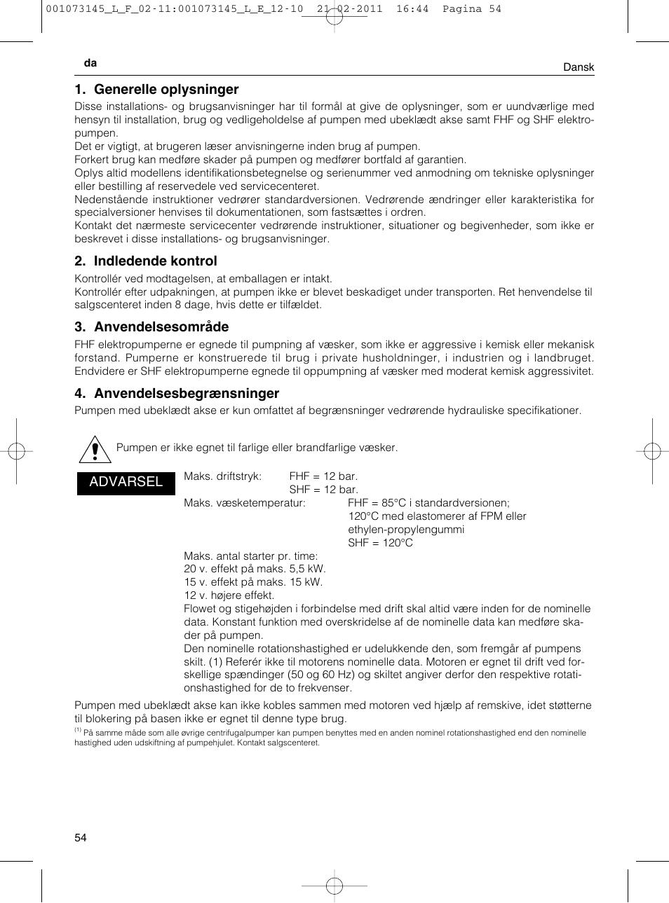 Generelle oplysninger, Indledende kontrol, Anvendelsesområde | Anvendelsesbegrænsninger, Advarsel | Xylem FHF SHF User Manual | Page 54 / 100
