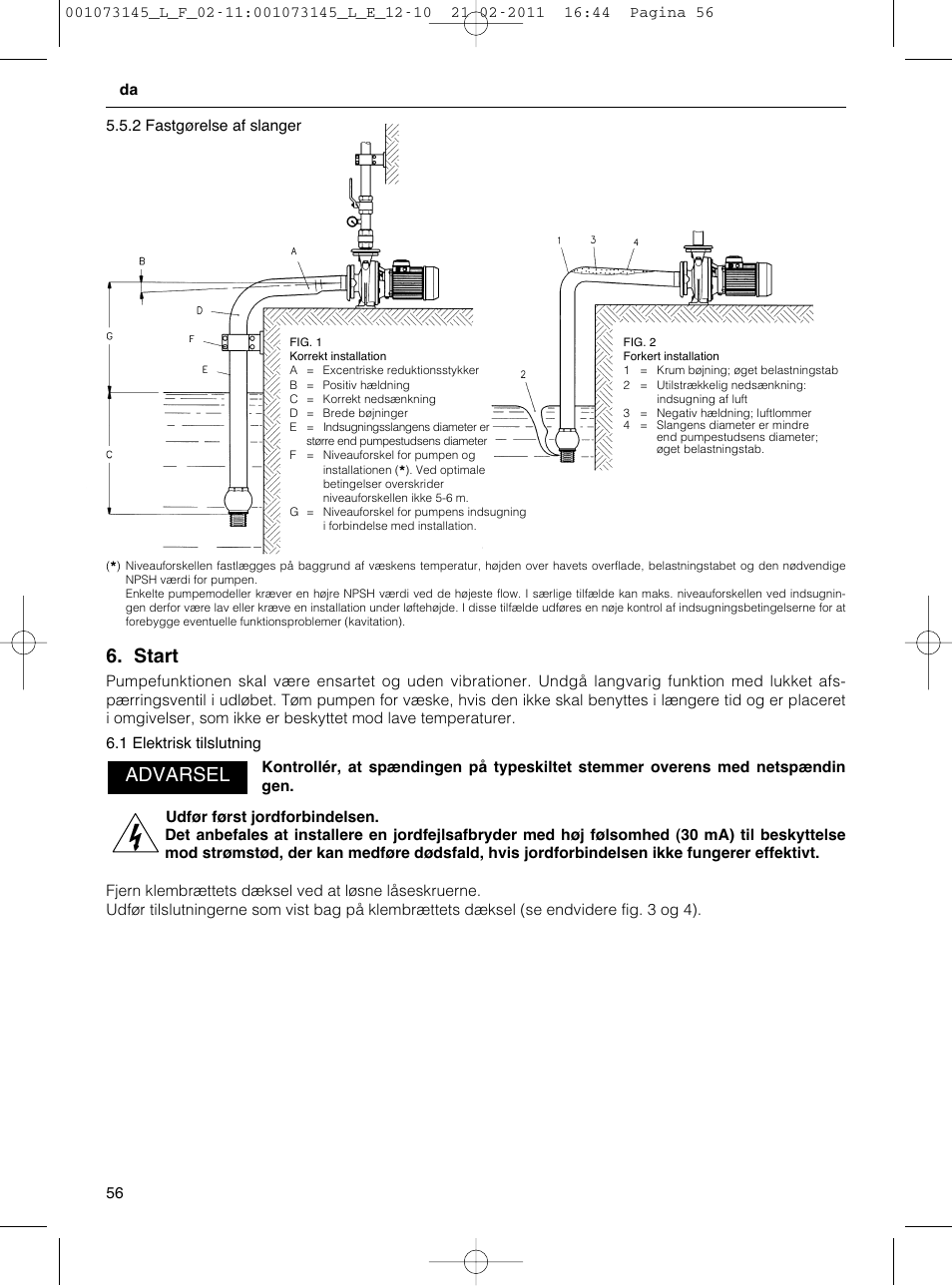 Start, Advarsel | Xylem FHF SHF User Manual | Page 56 / 100