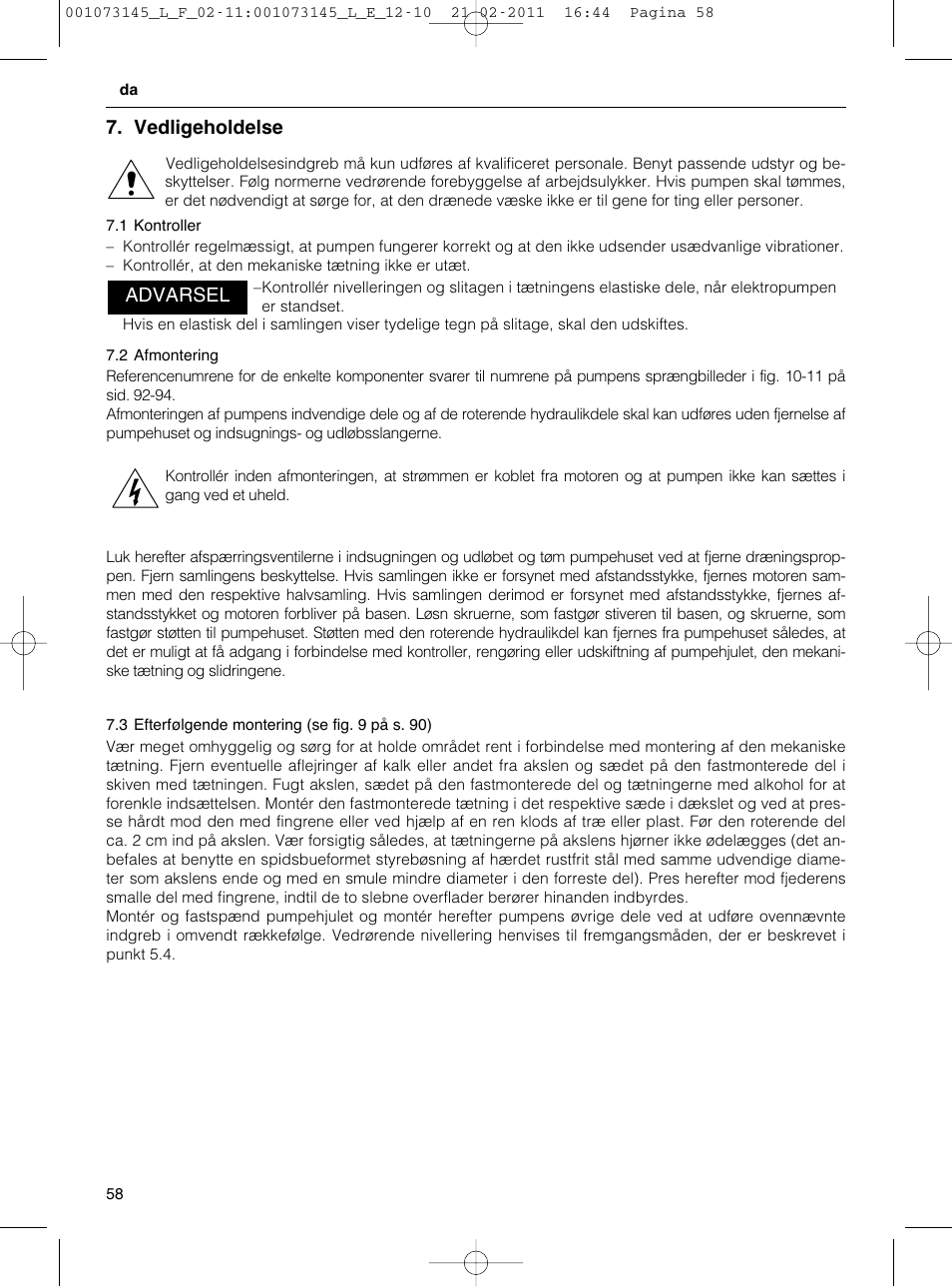 Vedligeholdelse, Advarsel | Xylem FHF SHF User Manual | Page 58 / 100