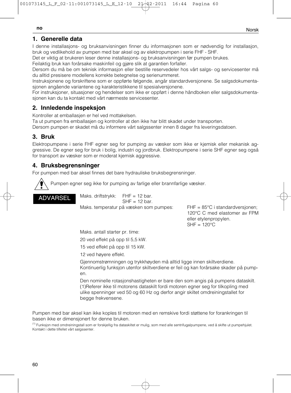 Generelle data, Innledende inspeksjon, Bruk | Bruksbegrensninger, Advarsel | Xylem FHF SHF User Manual | Page 60 / 100
