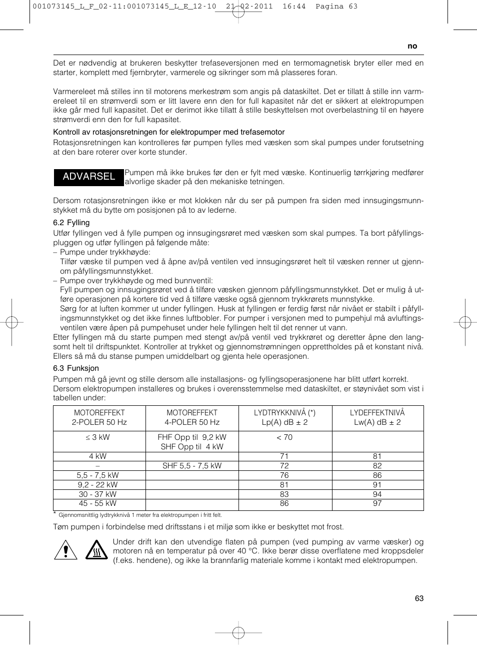 Advarsel | Xylem FHF SHF User Manual | Page 63 / 100