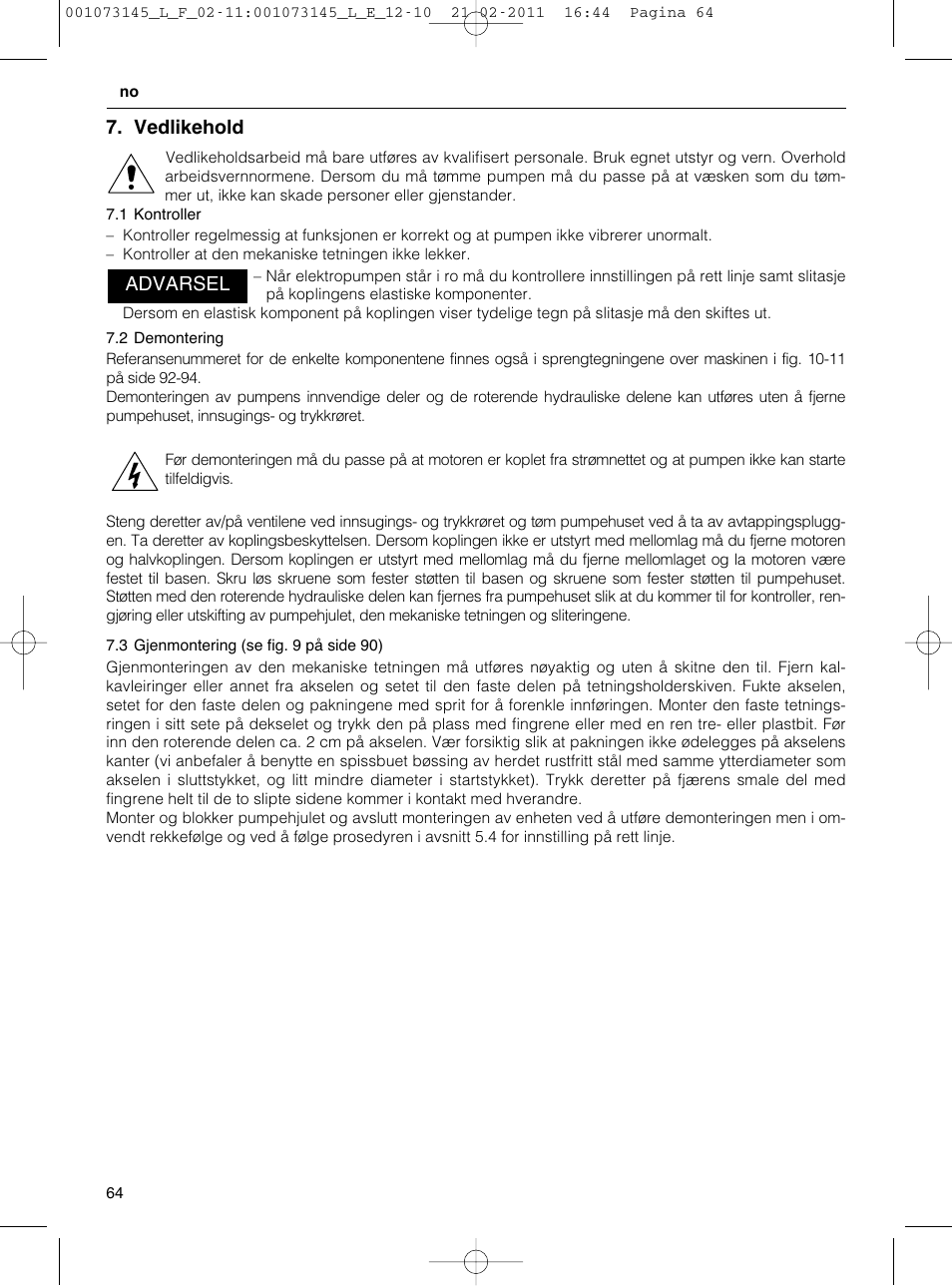 Vedlikehold, Advarsel | Xylem FHF SHF User Manual | Page 64 / 100