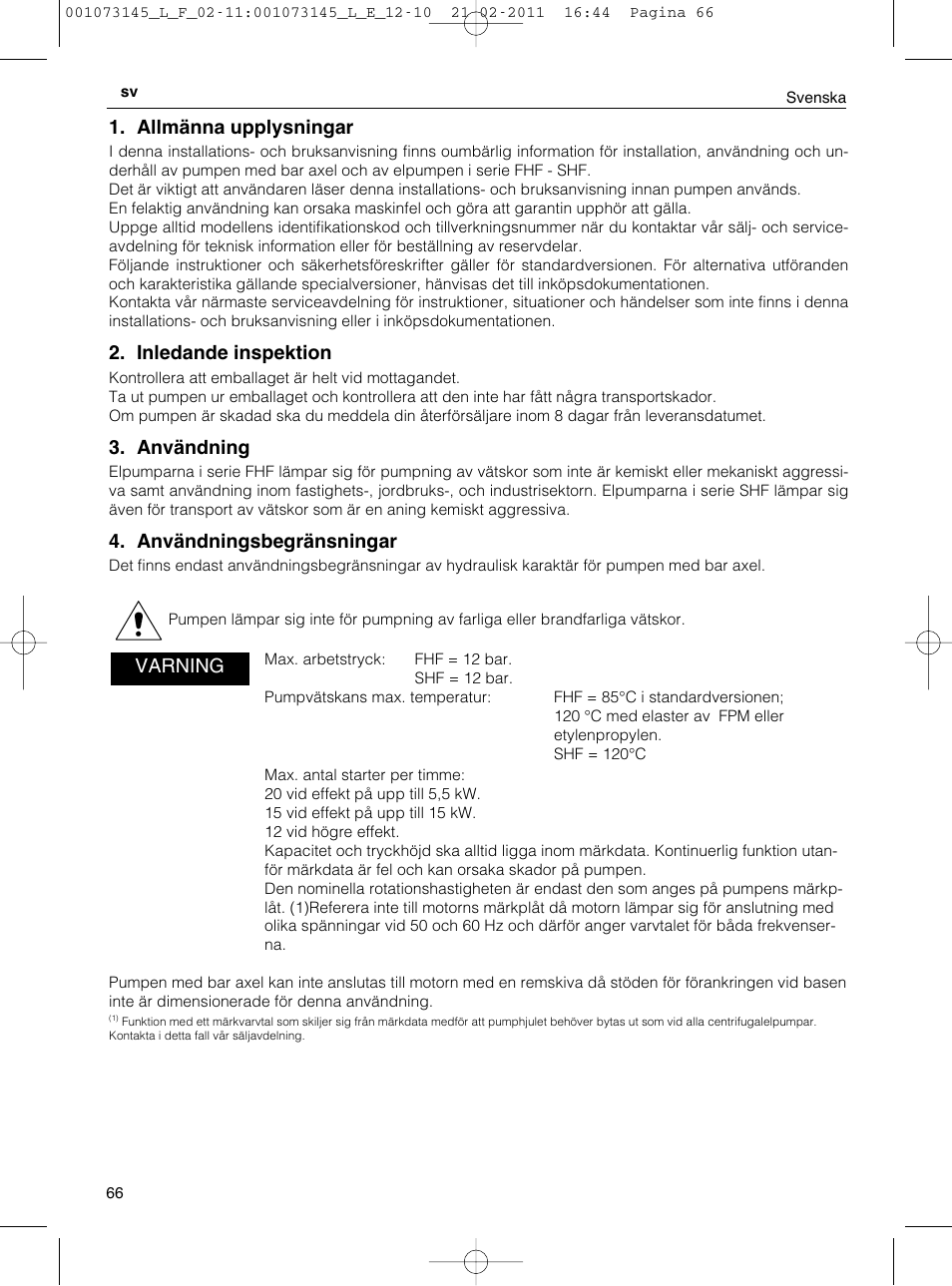 Allmänna upplysningar, Inledande inspektion, Användning | Användningsbegränsningar, Varning | Xylem FHF SHF User Manual | Page 66 / 100