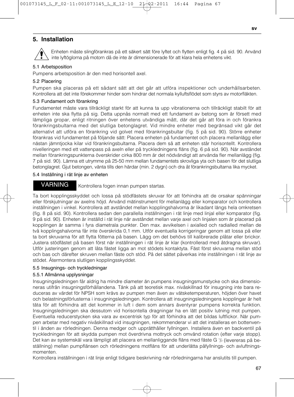 Installation, Varning | Xylem FHF SHF User Manual | Page 67 / 100