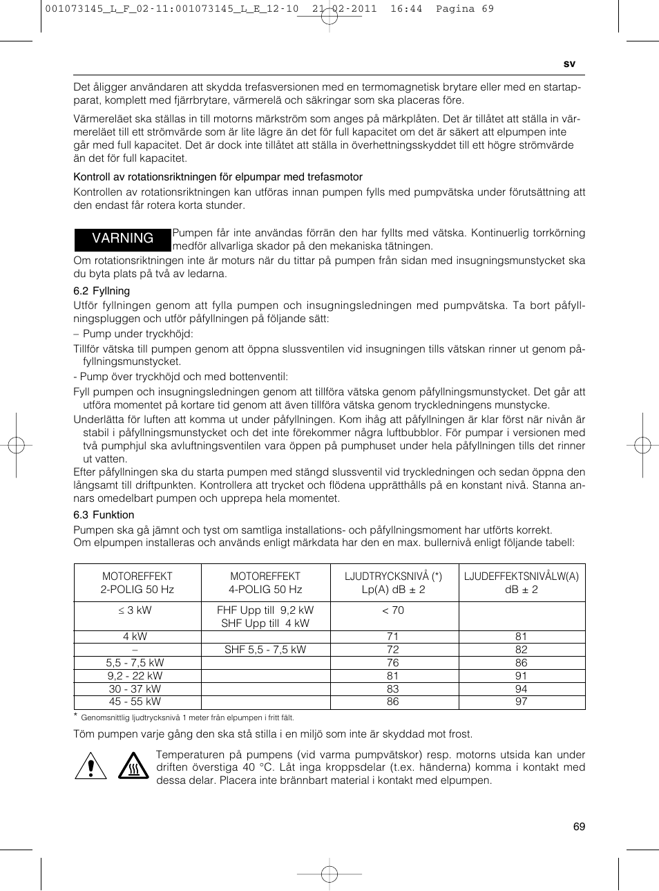 Varning | Xylem FHF SHF User Manual | Page 69 / 100