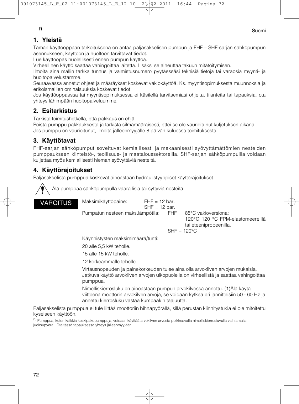 Yleistä, Esitarkistus, Käyttötavat | Käyttörajoitukset, Varoitus | Xylem FHF SHF User Manual | Page 72 / 100