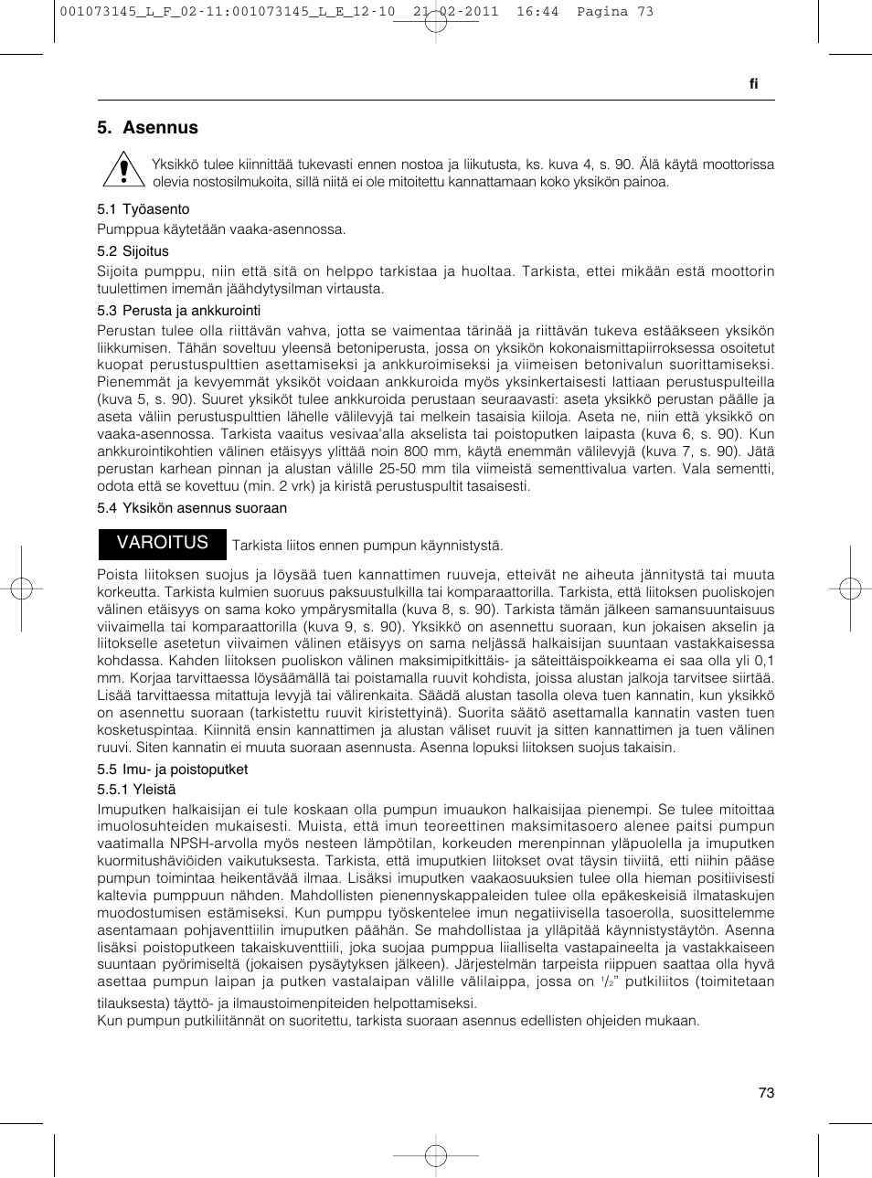 Asennus, Varoitus | Xylem FHF SHF User Manual | Page 73 / 100