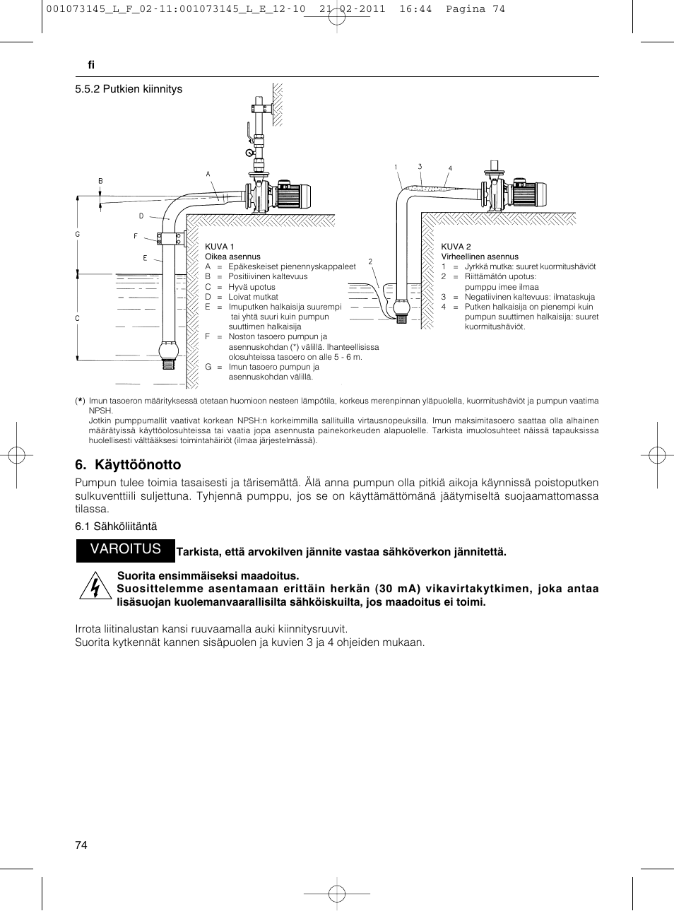 Käyttöönotto, Varoitus | Xylem FHF SHF User Manual | Page 74 / 100