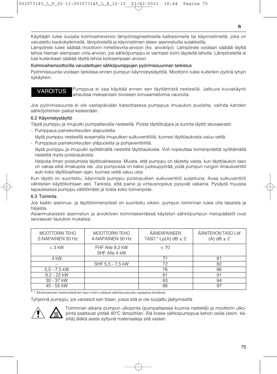 Varoitus | Xylem FHF SHF User Manual | Page 75 / 100
